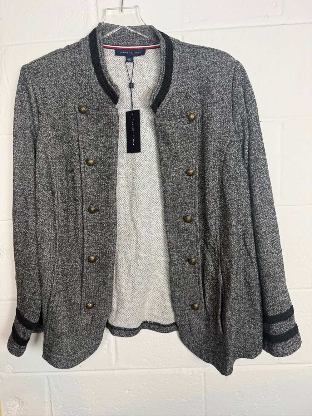 Tommy Hilfiger Women’s 2X Gray Herringbone Band Cardigan Jacket Military Blazer